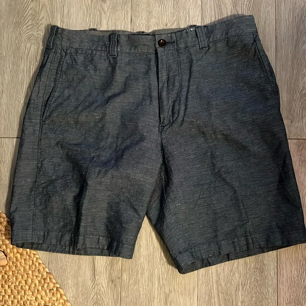J. Crew Baird McNutt Irish Linen Blue Gray Striped Flat Front Shorts Size 34